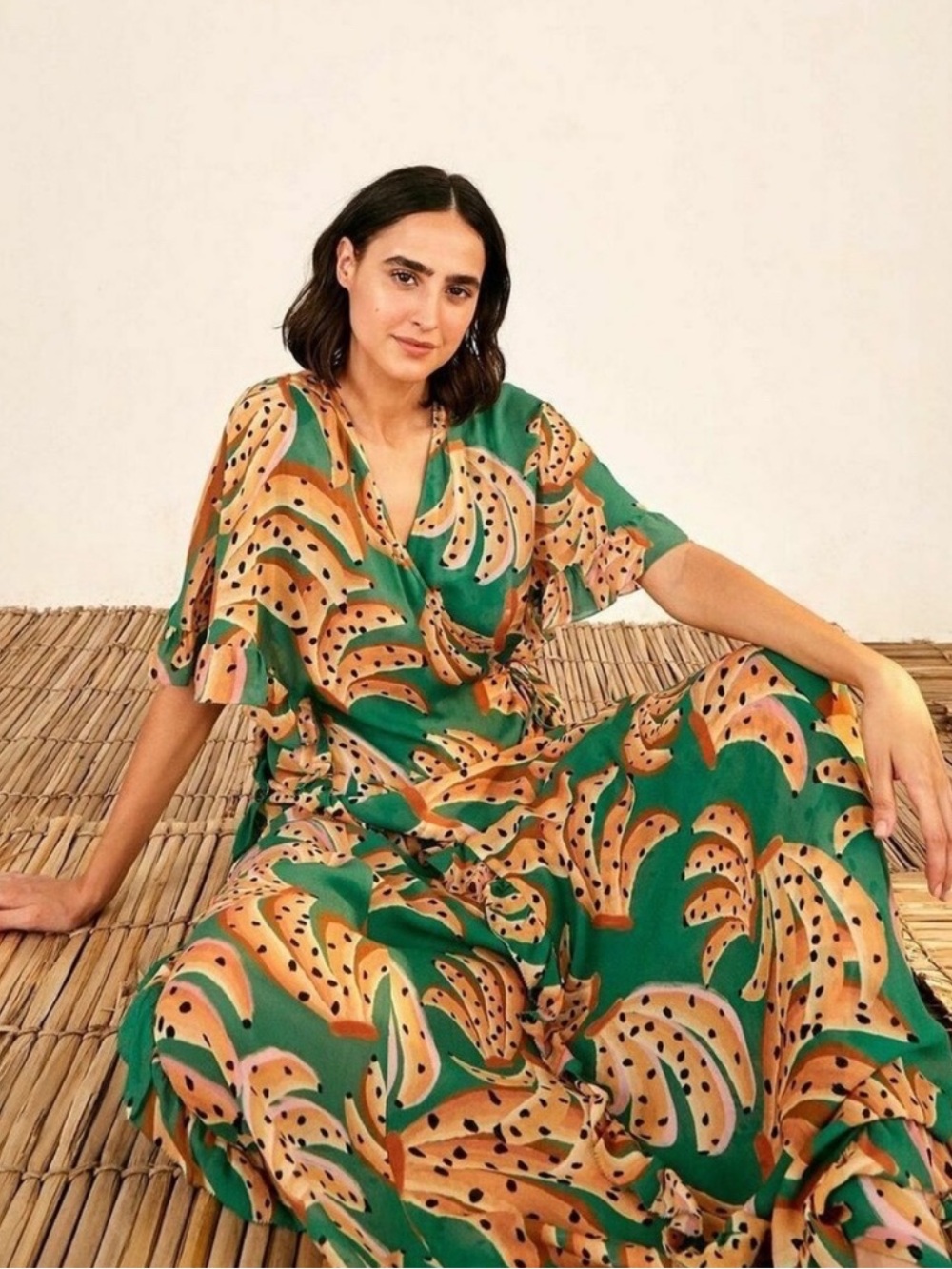 FARM Rio Green Maxi Wrap Dress with Peach Banana Print